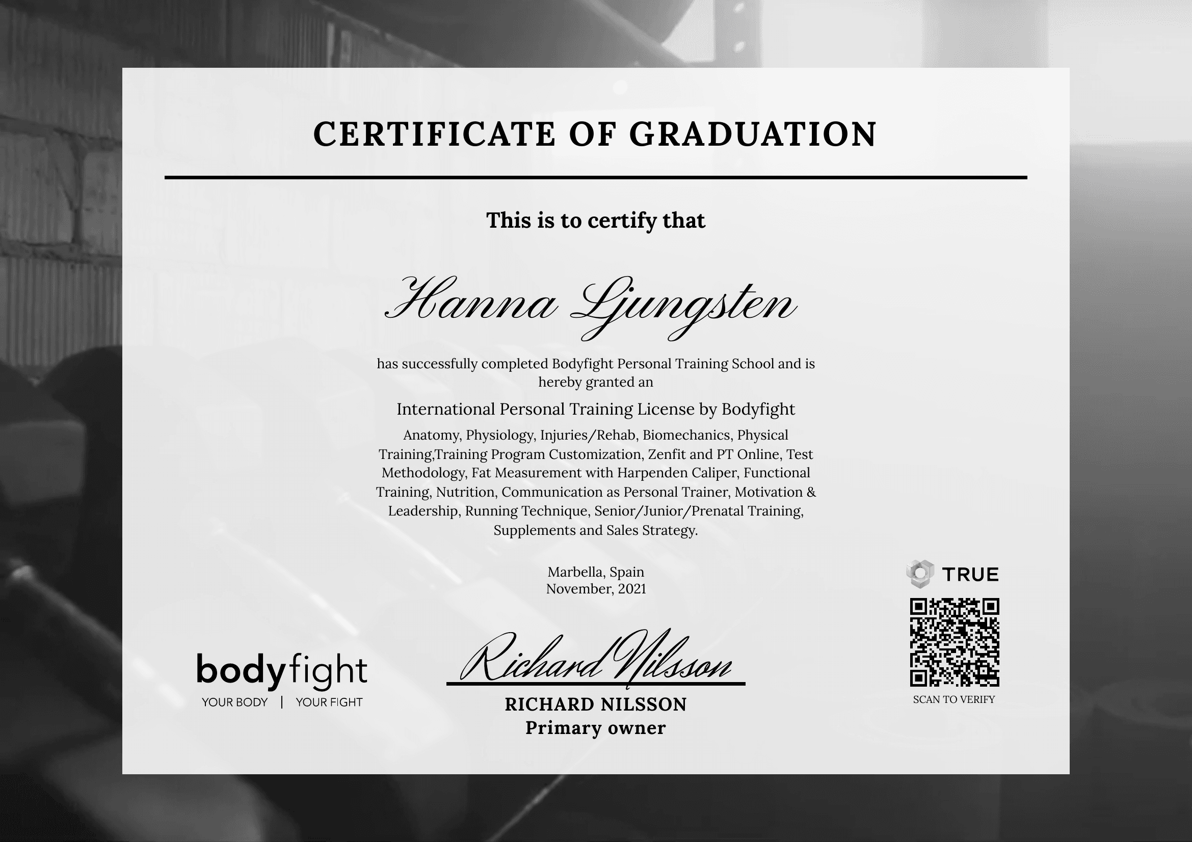Bodyfight Sweden International Personal Training Licence issued to Hanna Ljungsten, 2021