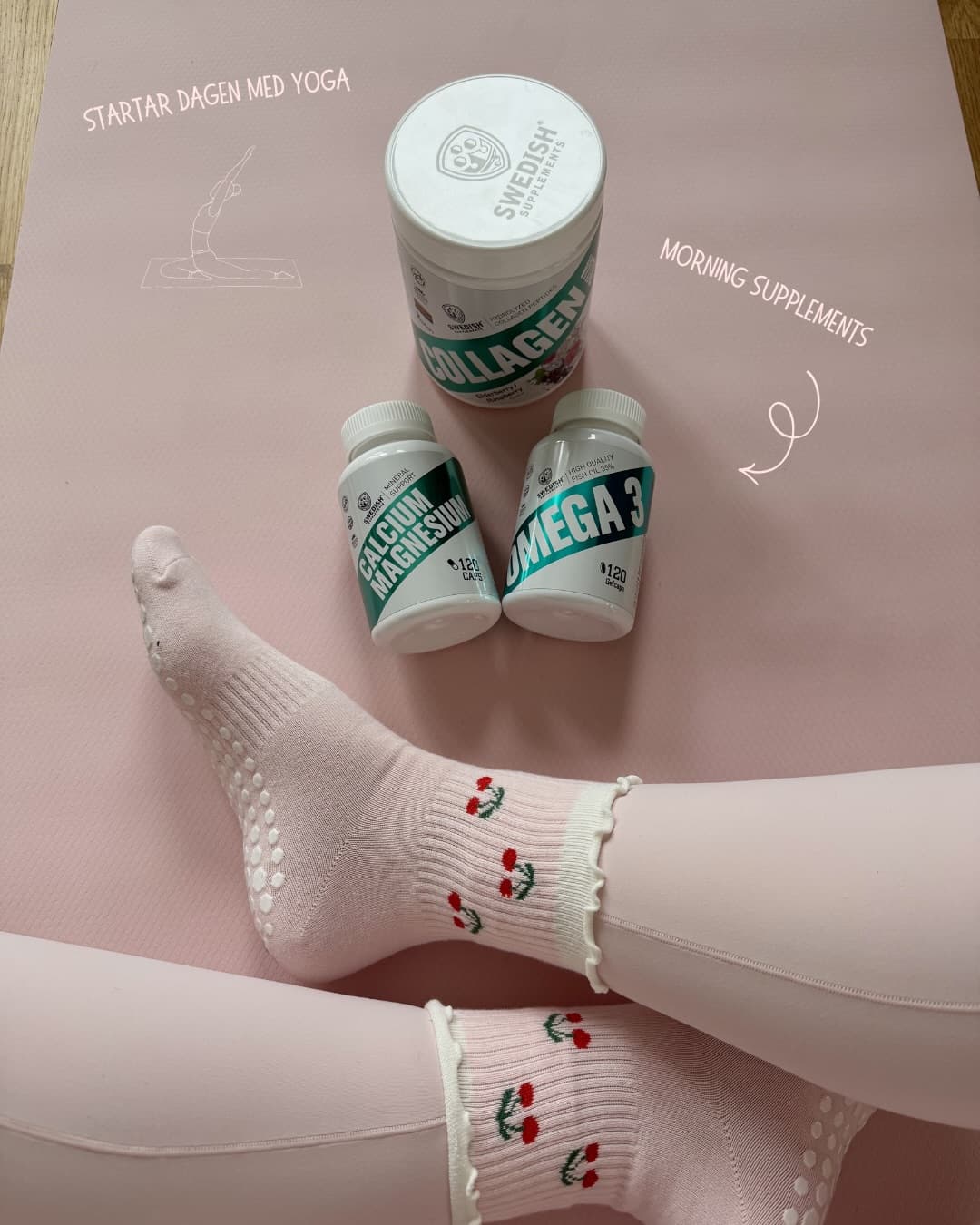 Hanna demonstrating a morning supplement and yoga routine